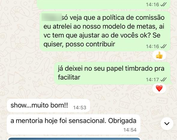 Mensagem de mentorada agradecendo a mentoria