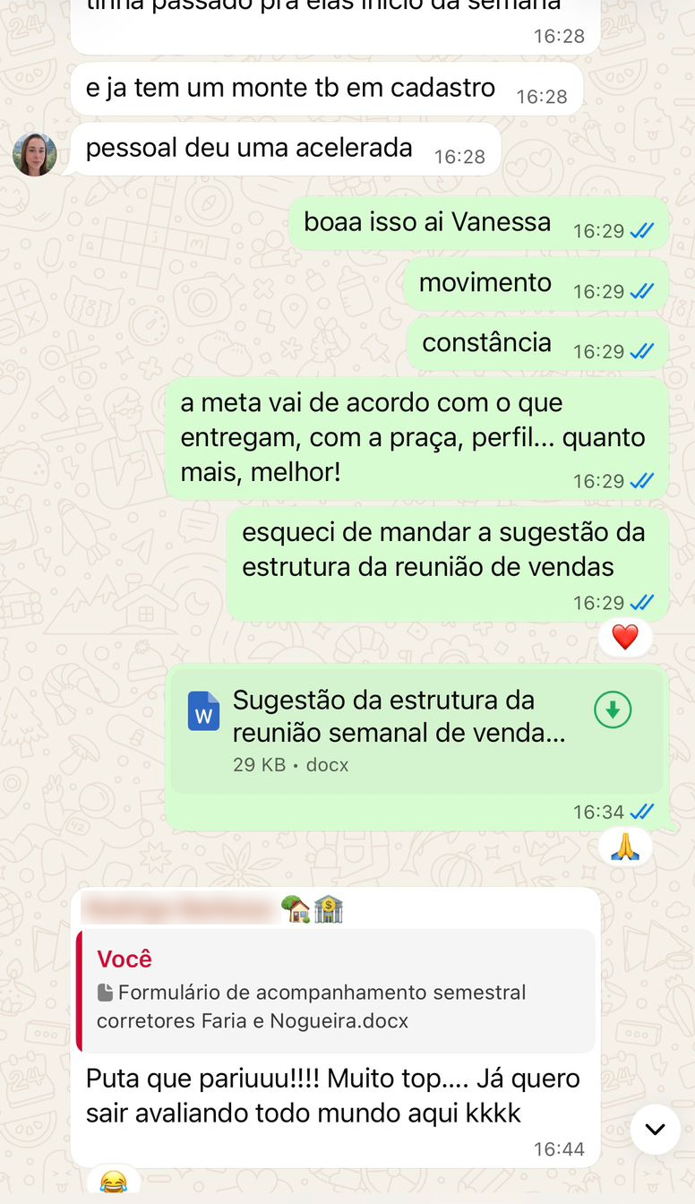 Mensagem de mentorado sobre o formulário de acompanhamento de corretores