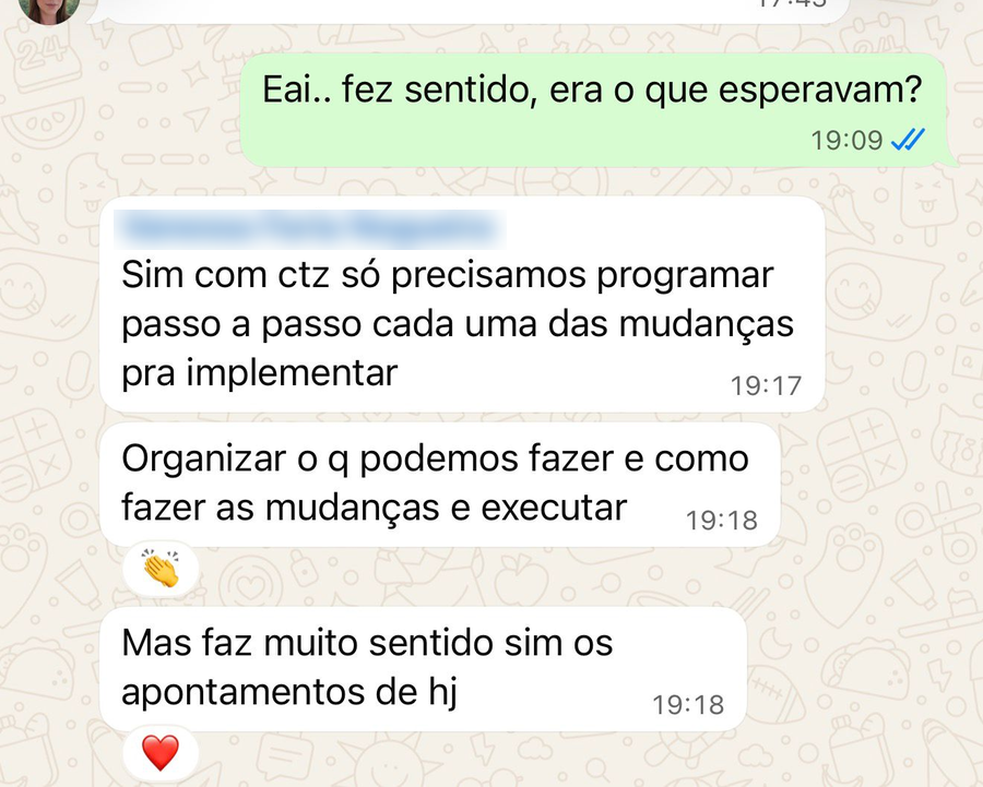 Mensagem de mentorada sobre os apontamentos da mentoria